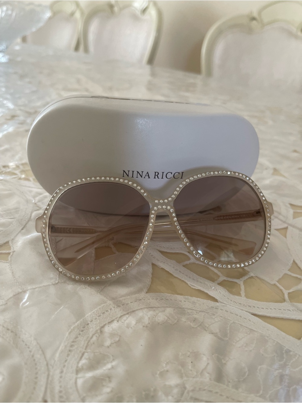 Nina Ricci Beige Crystal-Embellished Oversized Sunglasses